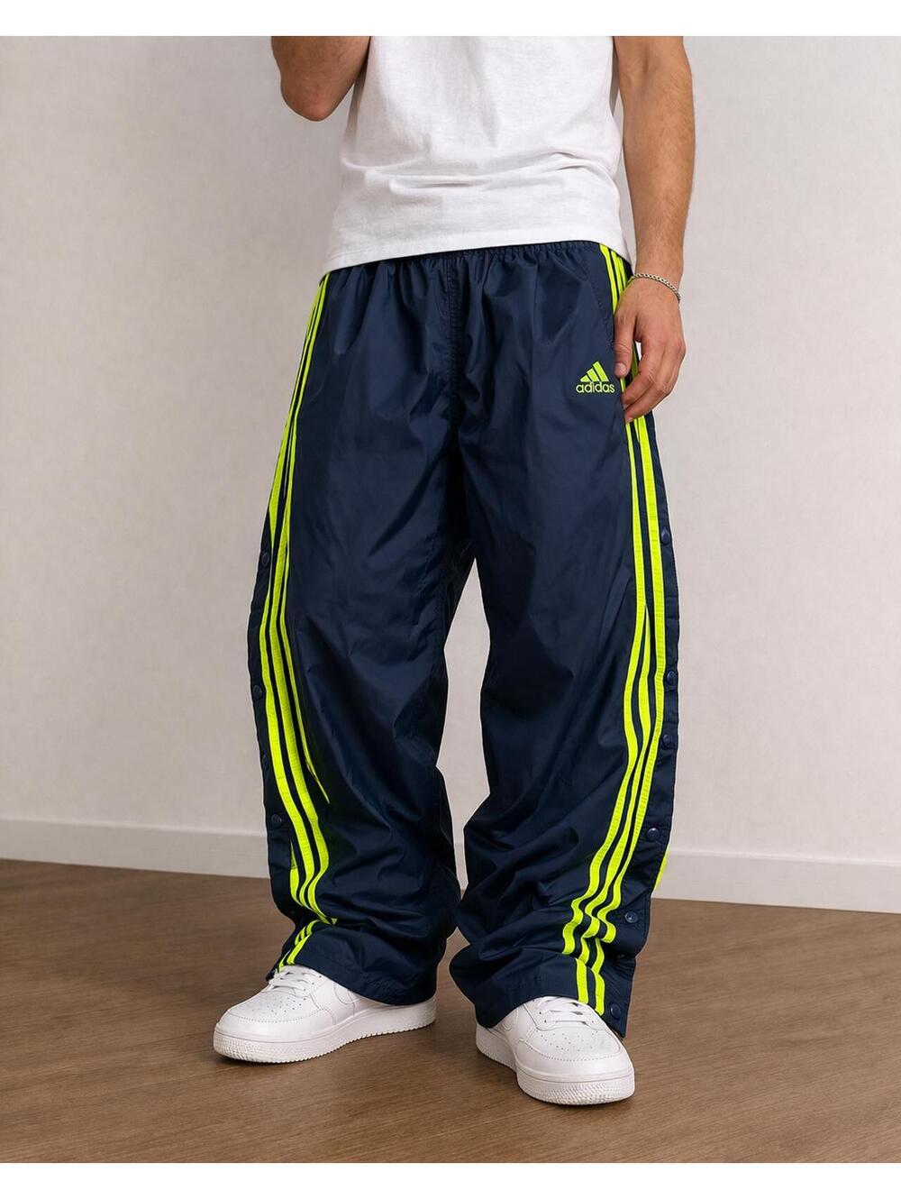 VINTAGE adidas Navy Blue Track Pants with Neon Yellow Stripes